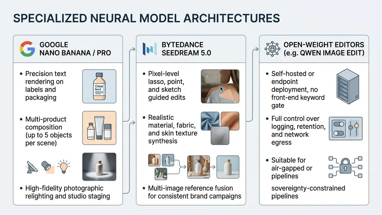 Overview of neural model architectures for product rendering, texture synthesis, and self-hosted workflows
