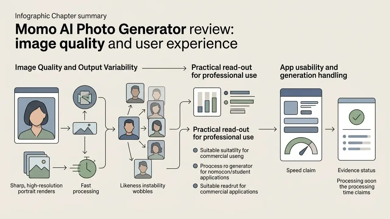 Summary of portrait generation quality, output variability, app speed, and processing time evidence
