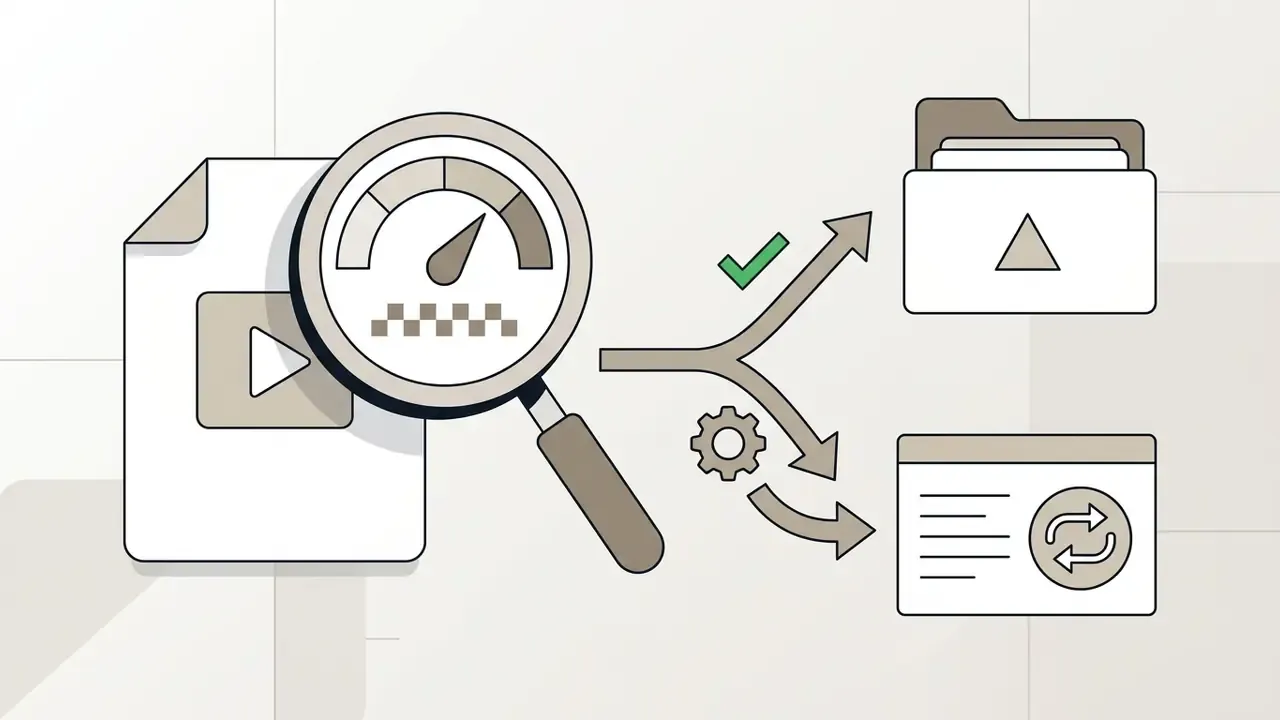 Magnifying glass inspecting a video file, branching into a folder for approval or a gear for refinement