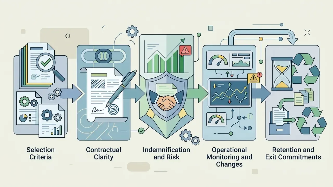 Sequence of business icons representing contract review, risk assessment, monitoring, and data retention
