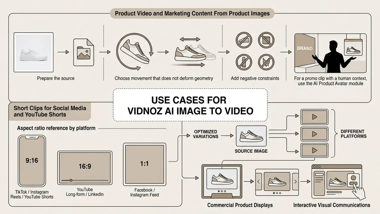 Diagram showing Vidnoz AI image to video workflows for product marketing and social media content creation