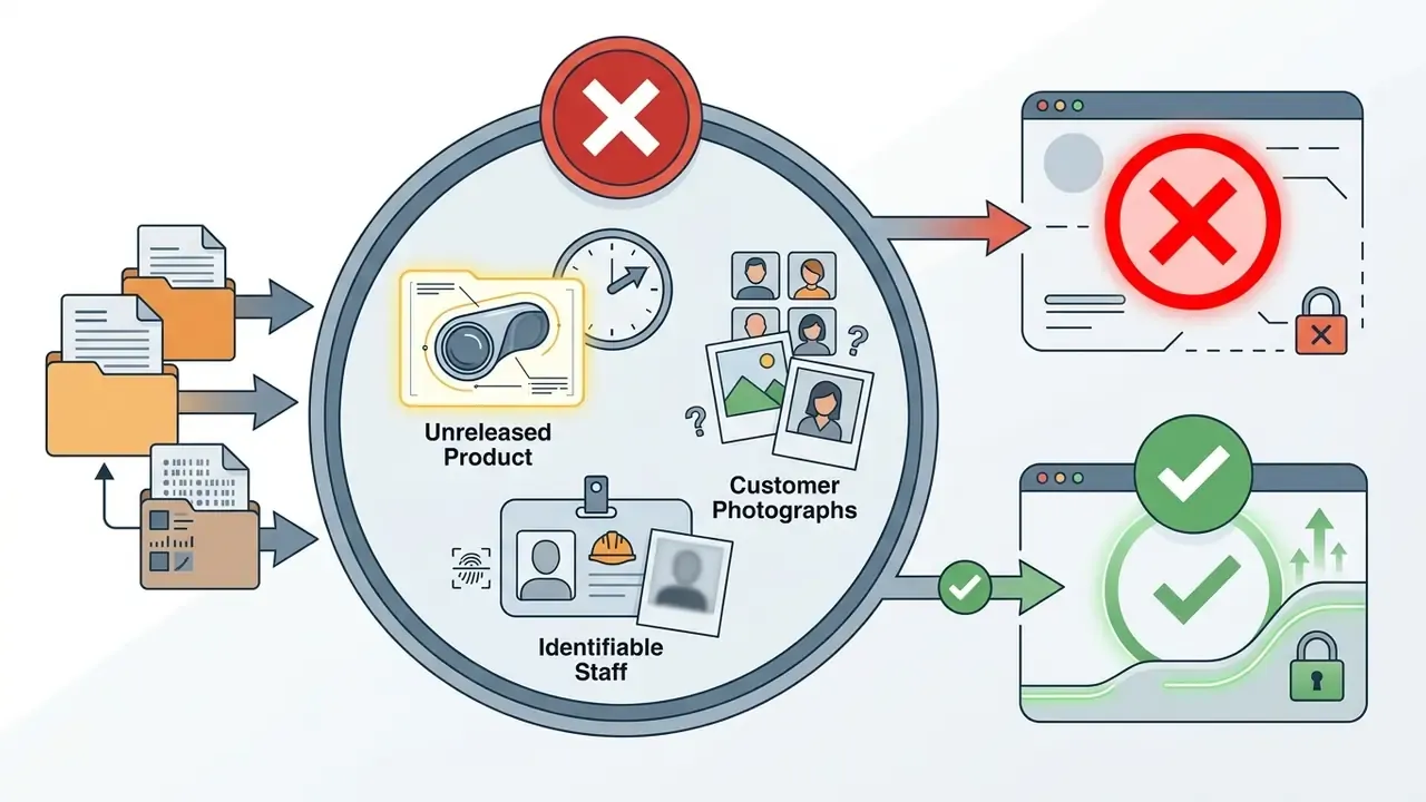 Folders of restricted media being filtered through a compliance check for upload to secure or open systems