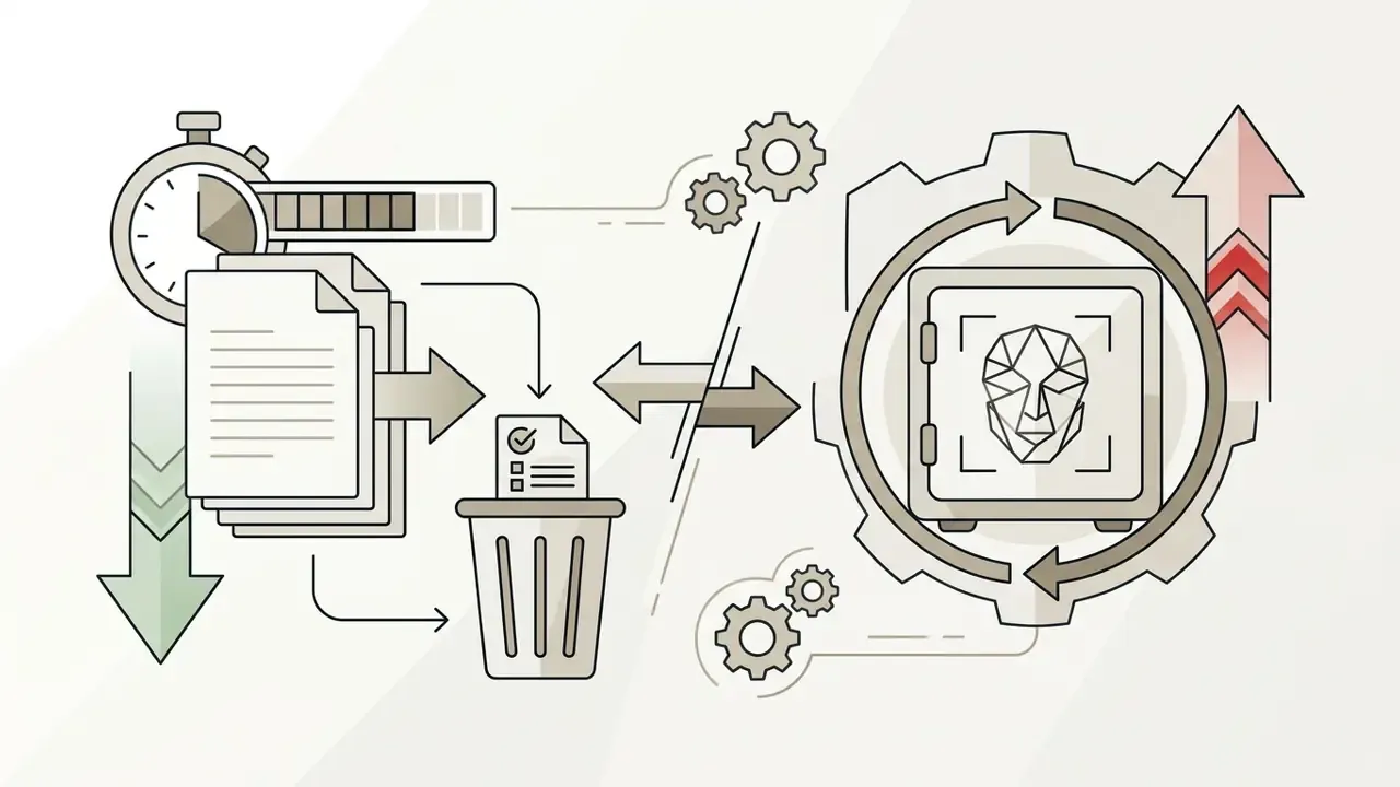 Documents moving toward a trash bin alongside a gear mechanism protecting a facial scan inside a vault