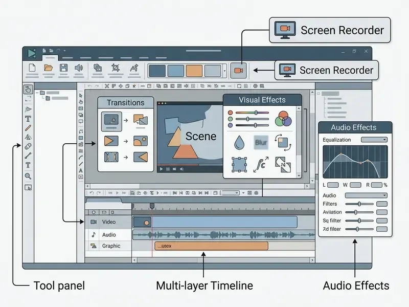 Software interface showing a multi-layer timeline, visual effects panel, and audio adjustment settings