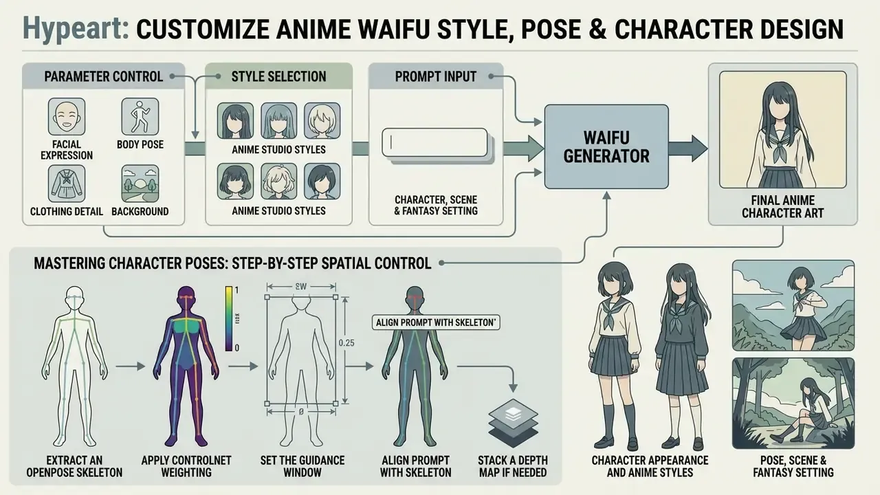 Diagram illustrating the workflow for controlling character poses and styles through spatial parameters