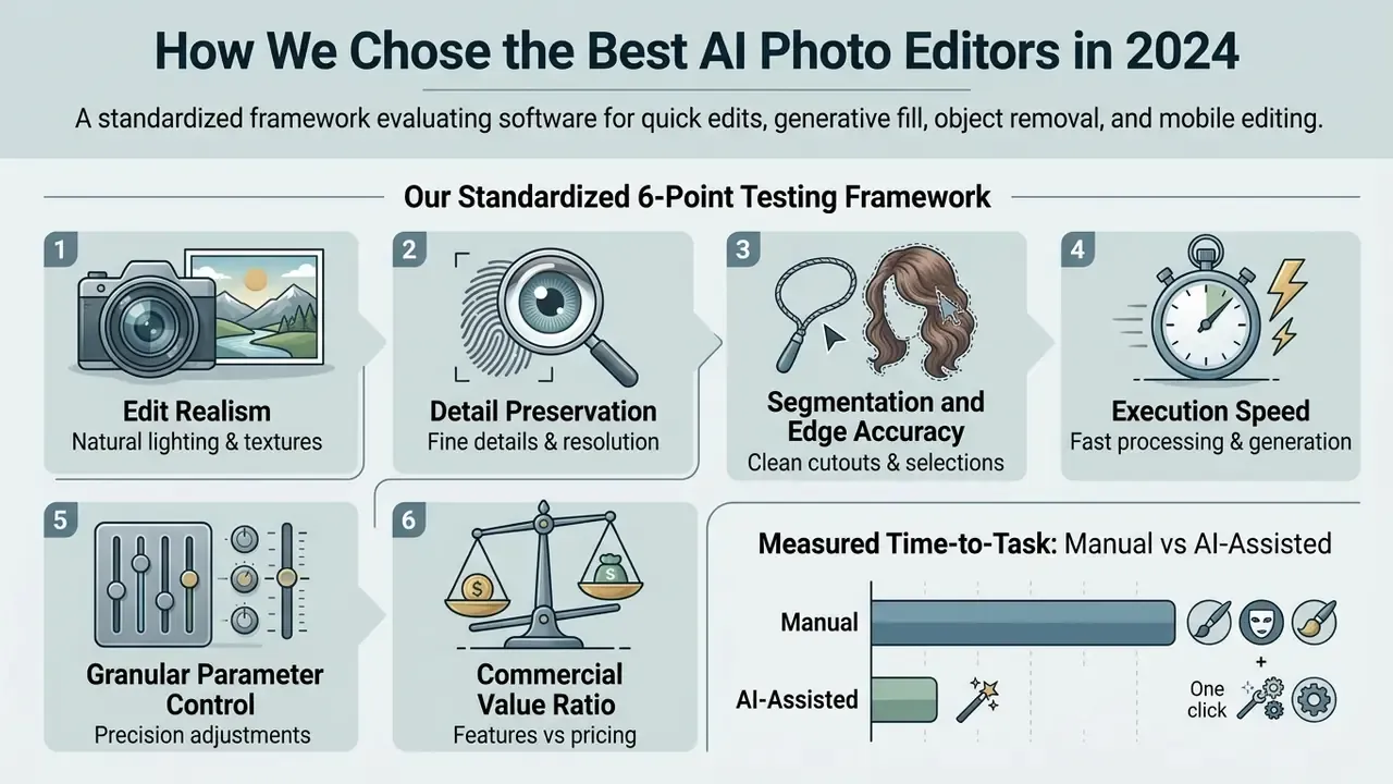 Six-point testing framework infographic evaluating software performance for the best AI photo editor 2024