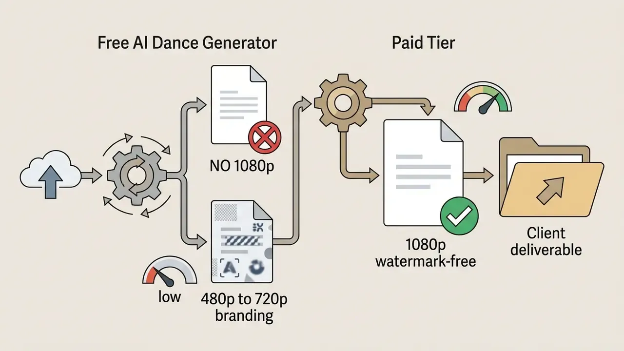 Comparison of free and paid video generation workflows showing resolution limits and export options