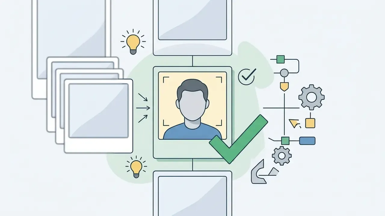 Person selecting a frontal selfie from a stack of photos for an AI LinkedIn photo generator