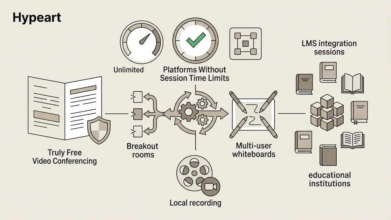 Icons representing breakout rooms, local recording, whiteboards, and LMS integration for virtual learning