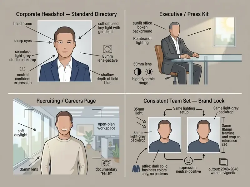 Four panel guide showing lighting, framing, and stylistic requirements for professional business photography