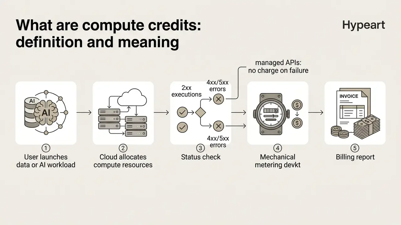 Five-step workflow showing cloud resource allocation, status checks, metering, and final billing reports