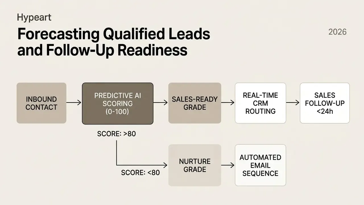 Process flow showing inbound contact scoring branching into sales routing or automated nurture sequences