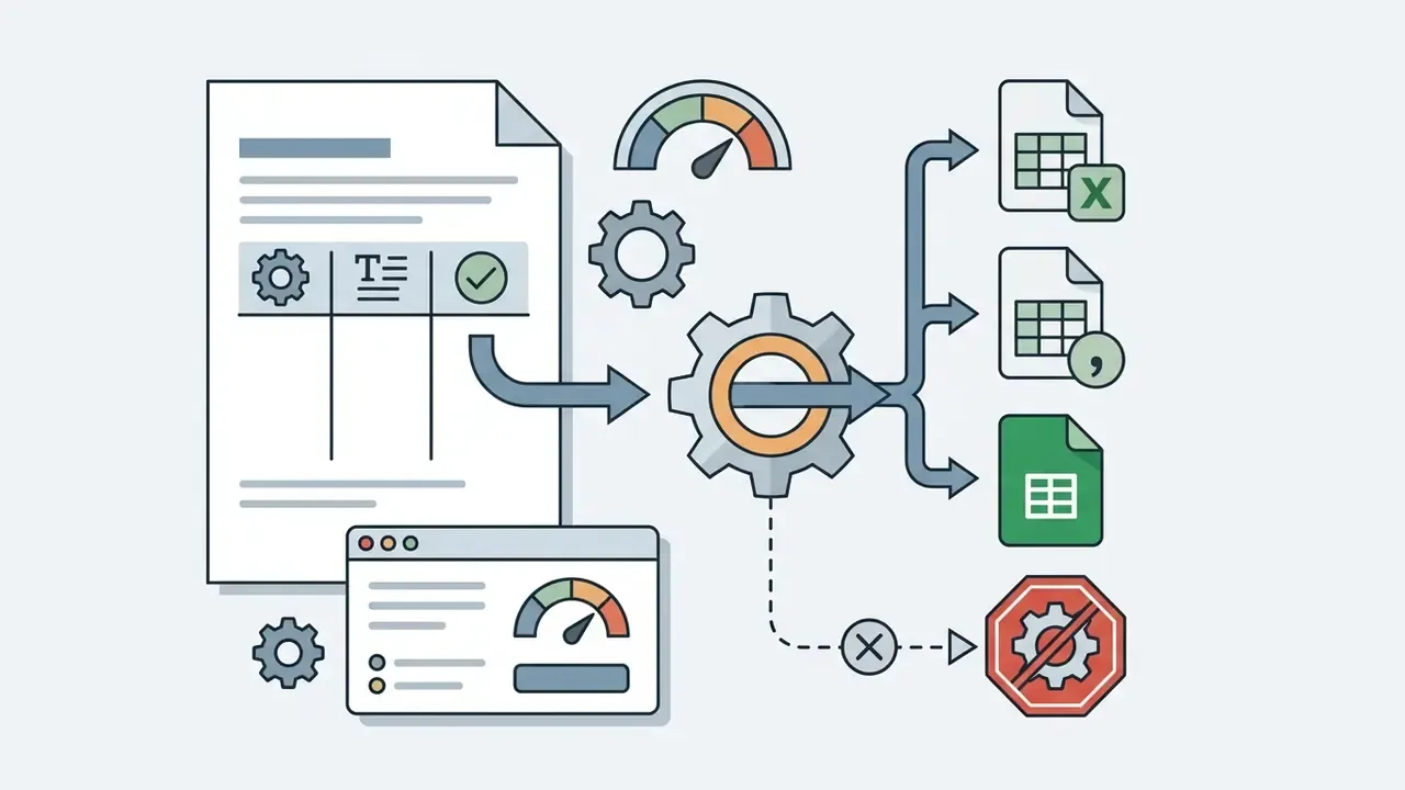 Document data flowing through a central gear to export as xlsx, csv, or sheets files while blocking macros