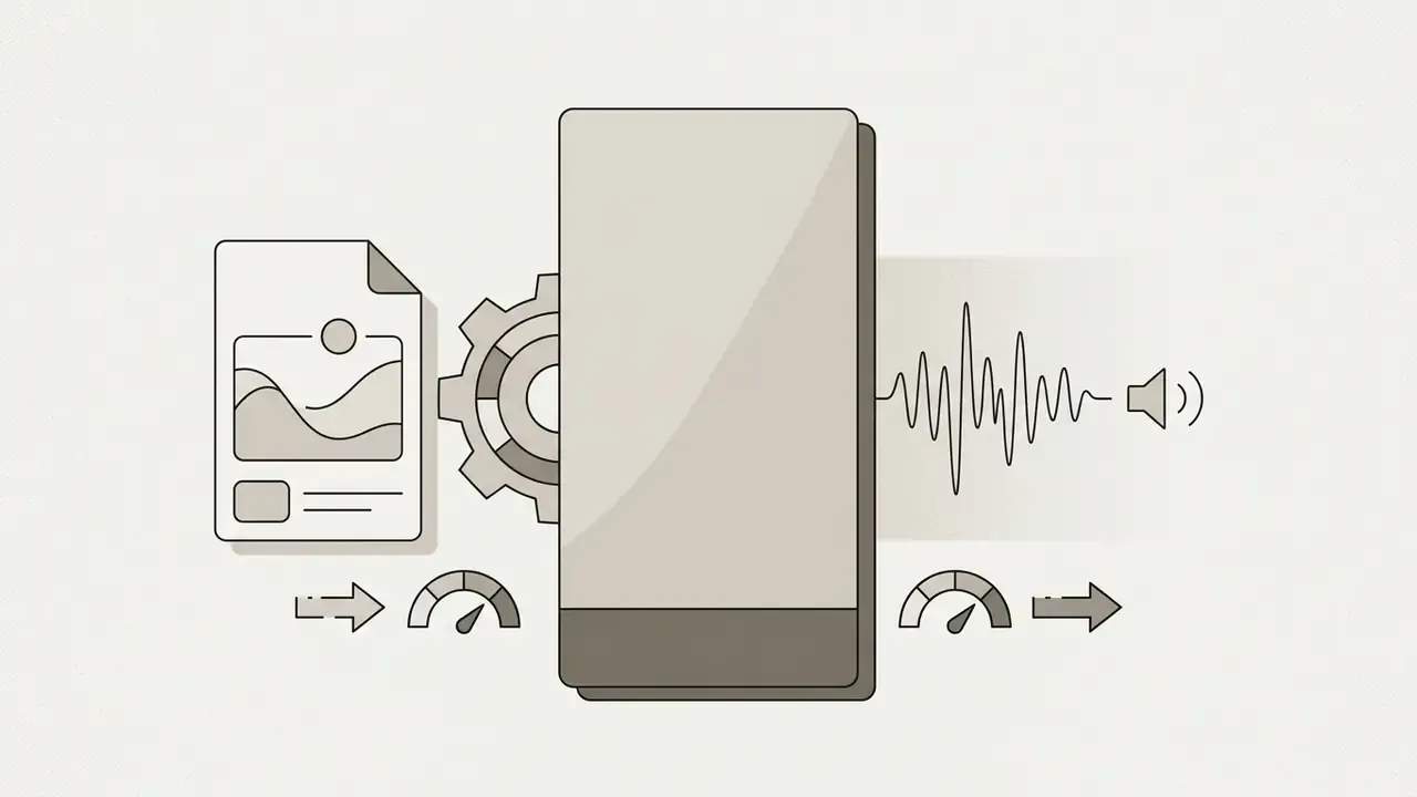 Smartphone flanked by a document icon with a gear and an audio waveform with speed gauges