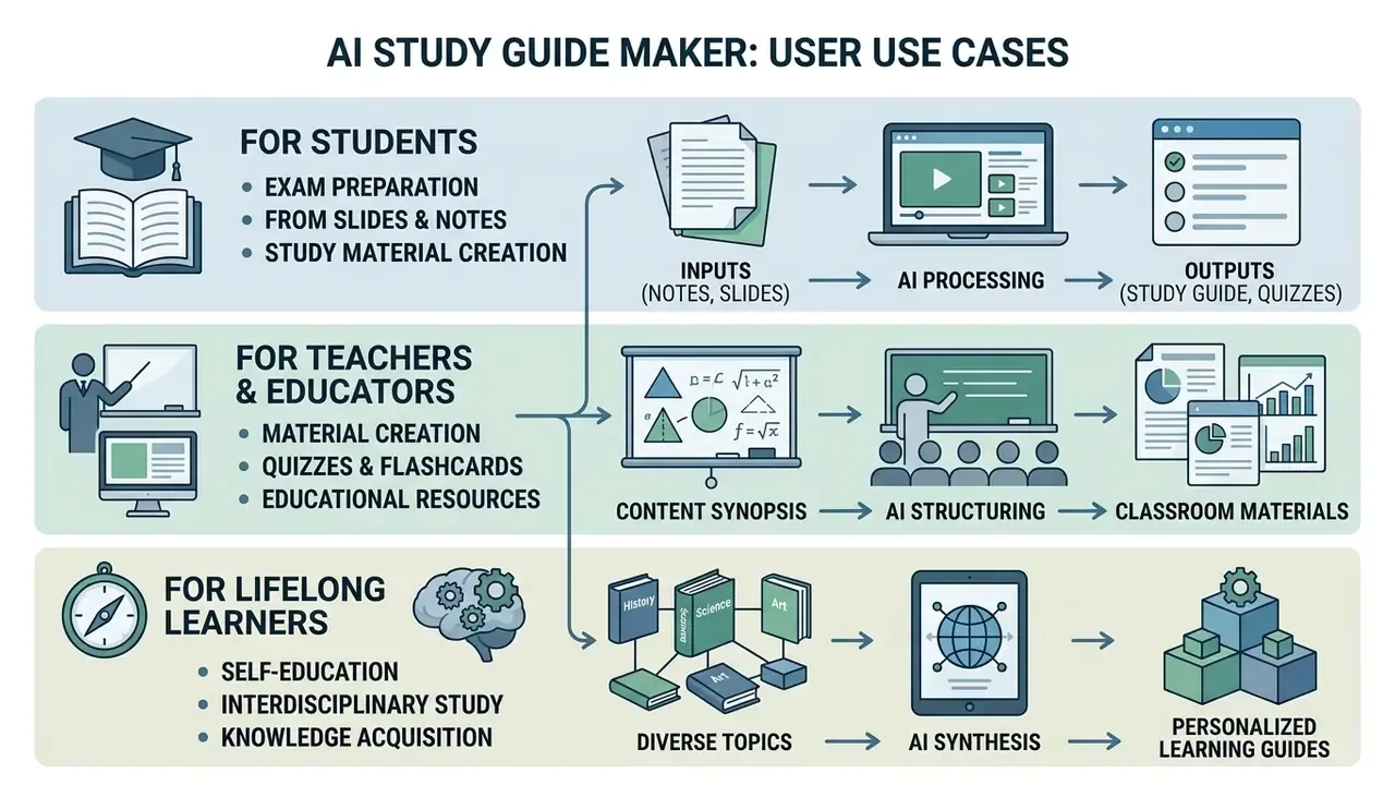Three-tiered layout showing how students, teachers, and lifelong learners use AI to create study materials