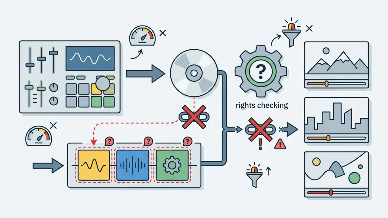 Audio production tools and a disc feeding into a gear mechanism that triggers warnings for video projects