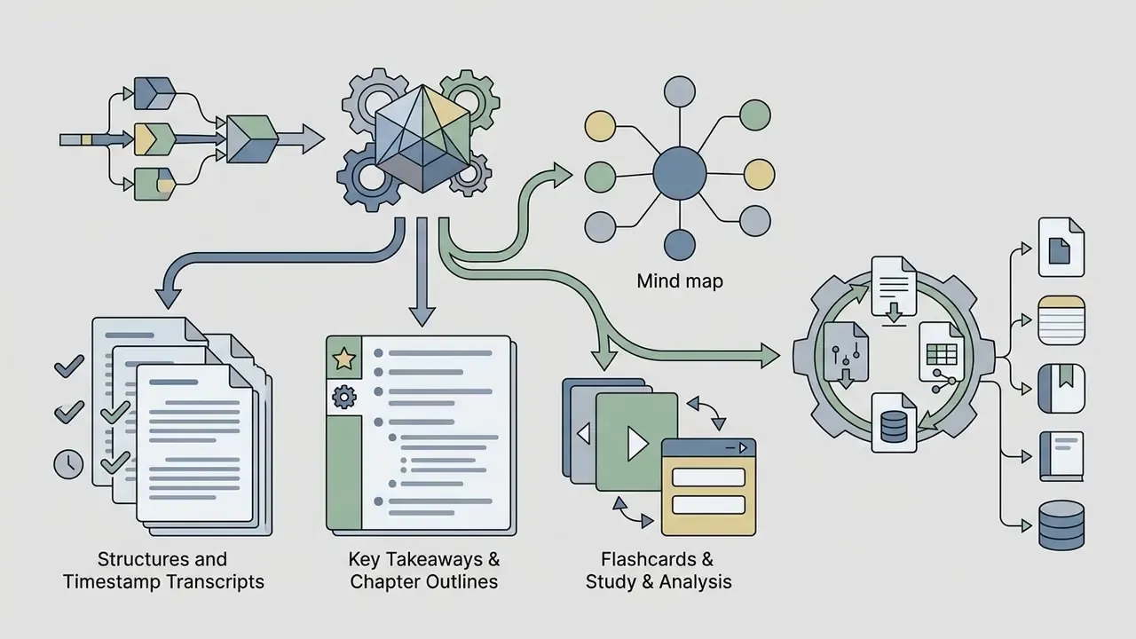 Diagram showing data processing into structured summaries, mind maps, flashcards, and various file exports