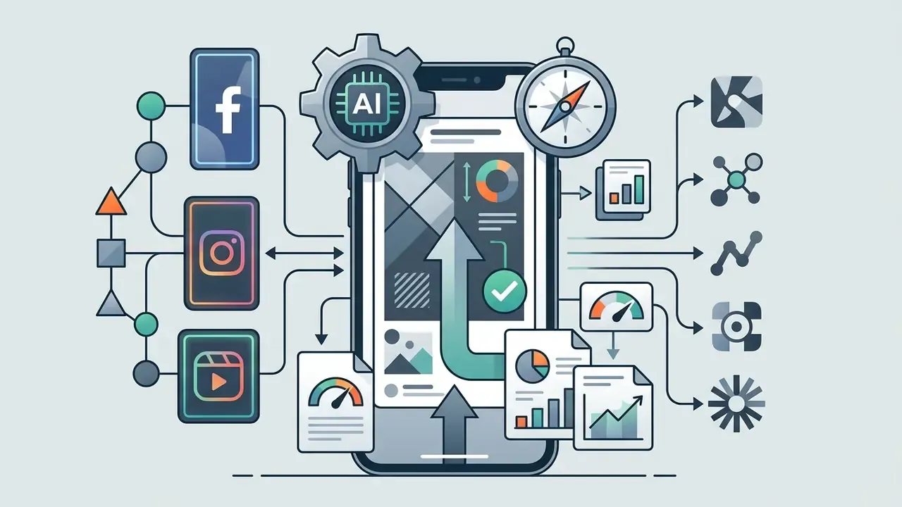 Smartphone screen displaying social media feed content connected to AI gears and performance analytics icons