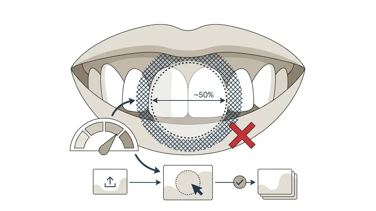 Diagram illustrating a brush tool diameter set to half the width of a single tooth to avoid gum contact