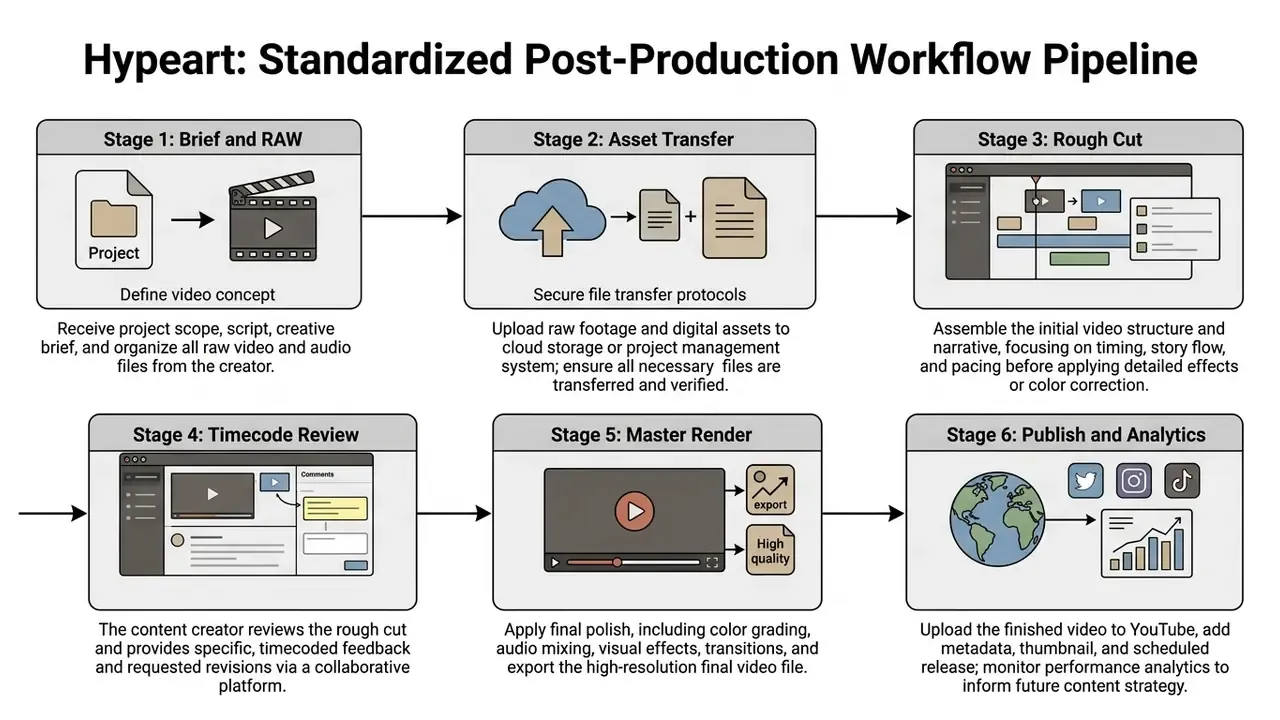 Flowchart mapping the six sequential stages of a video post-production workflow from raw assets to publishing