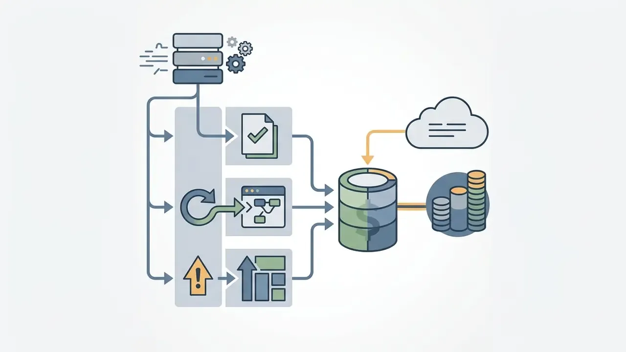 Server data flowing through review, correction, and escalation stages into a financial database and coin stacks