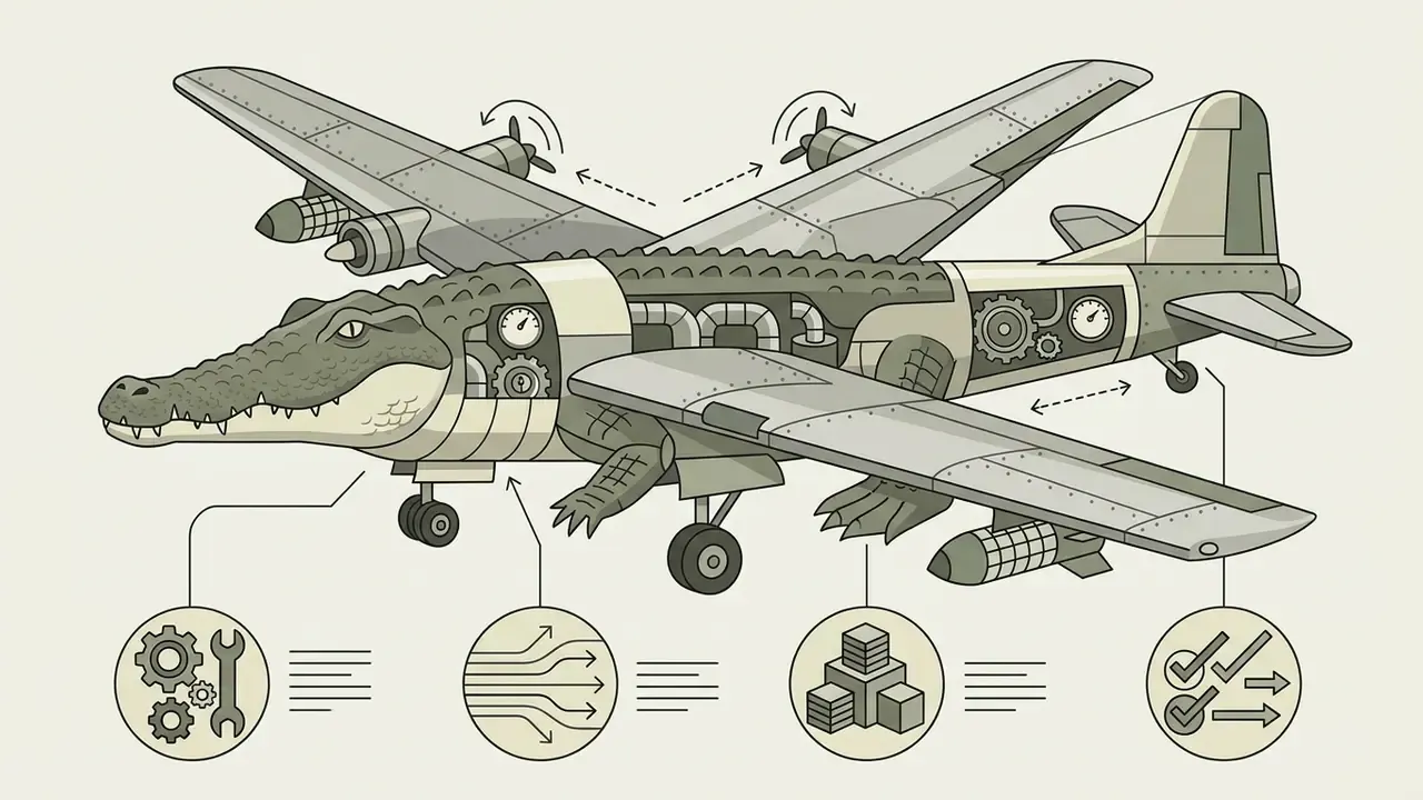 Mechanical crocodile bomber hybrid with internal gears and circular icons detailing technical components
