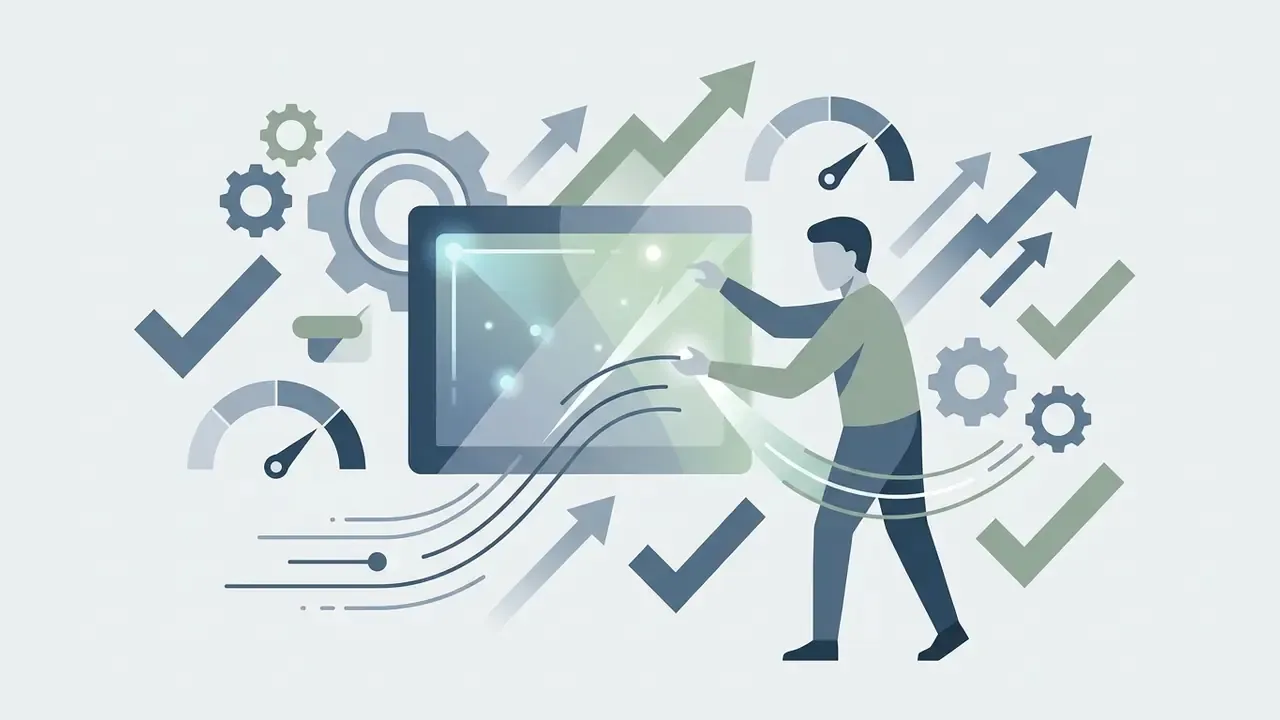 Person interacting with a digital screen surrounded by gears, checkmarks, and upward trending arrows