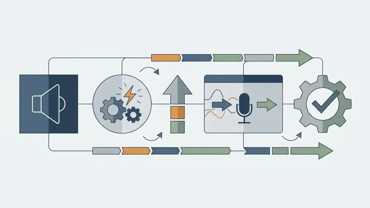 Icons of sound, gears, and microphones connected by arrows to represent a digital audio processing cycle