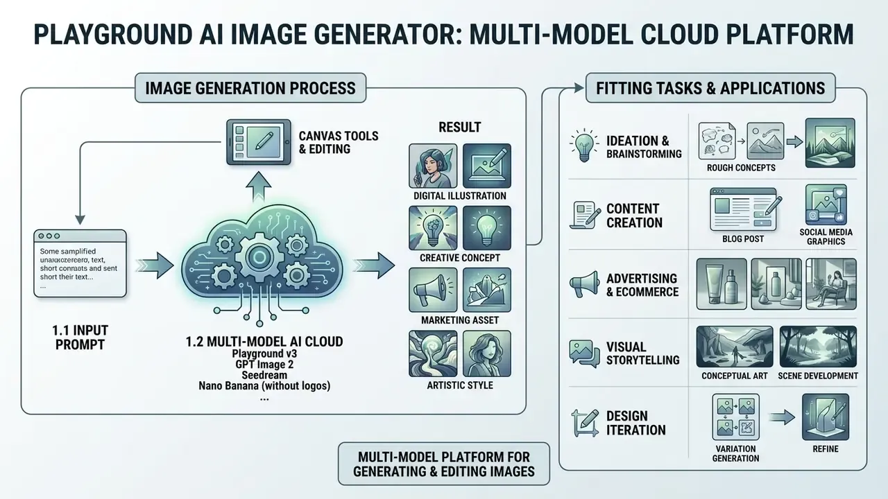 Infographic showing the Playground AI image generation process and its various creative applications