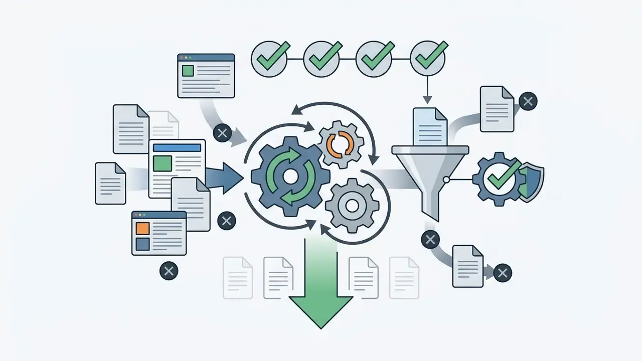 Documents and web pages flowing through a gear system and funnel to filter out unwanted search results