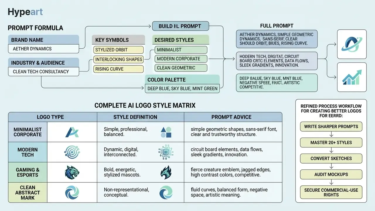 Flowchart detailing a prompt formula and a style matrix for an AI logo generator