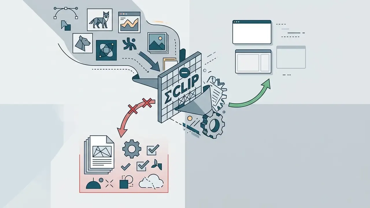 Vector graphics and digital assets flowing through a CLIP filter to separate them from search results