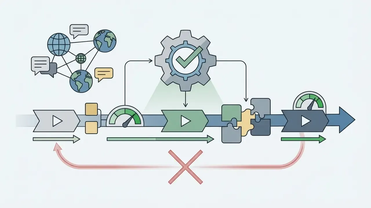 Global network icons feeding a gear mechanism that validates sequential video segments along a timeline