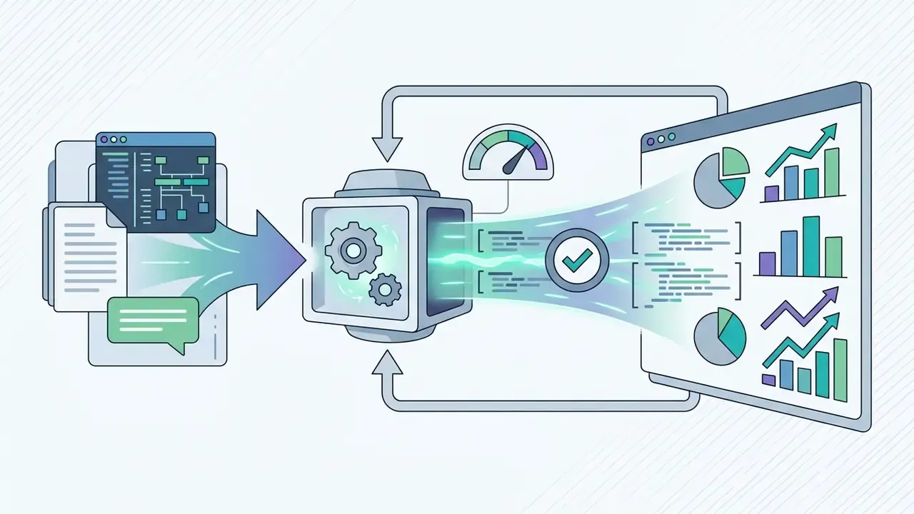 Code blocks and documents flowing into a central processing engine that renders visual chart dashboards