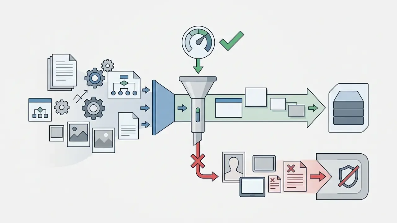 Funnel sorting documents and images into a database while blocking sensitive content with a shield icon