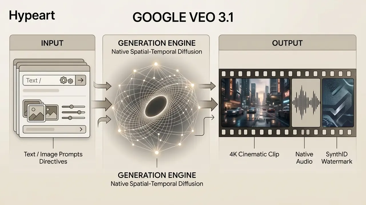 Diagram showing the Google Veo 3.1 process from text and image prompts to 4K video and audio output