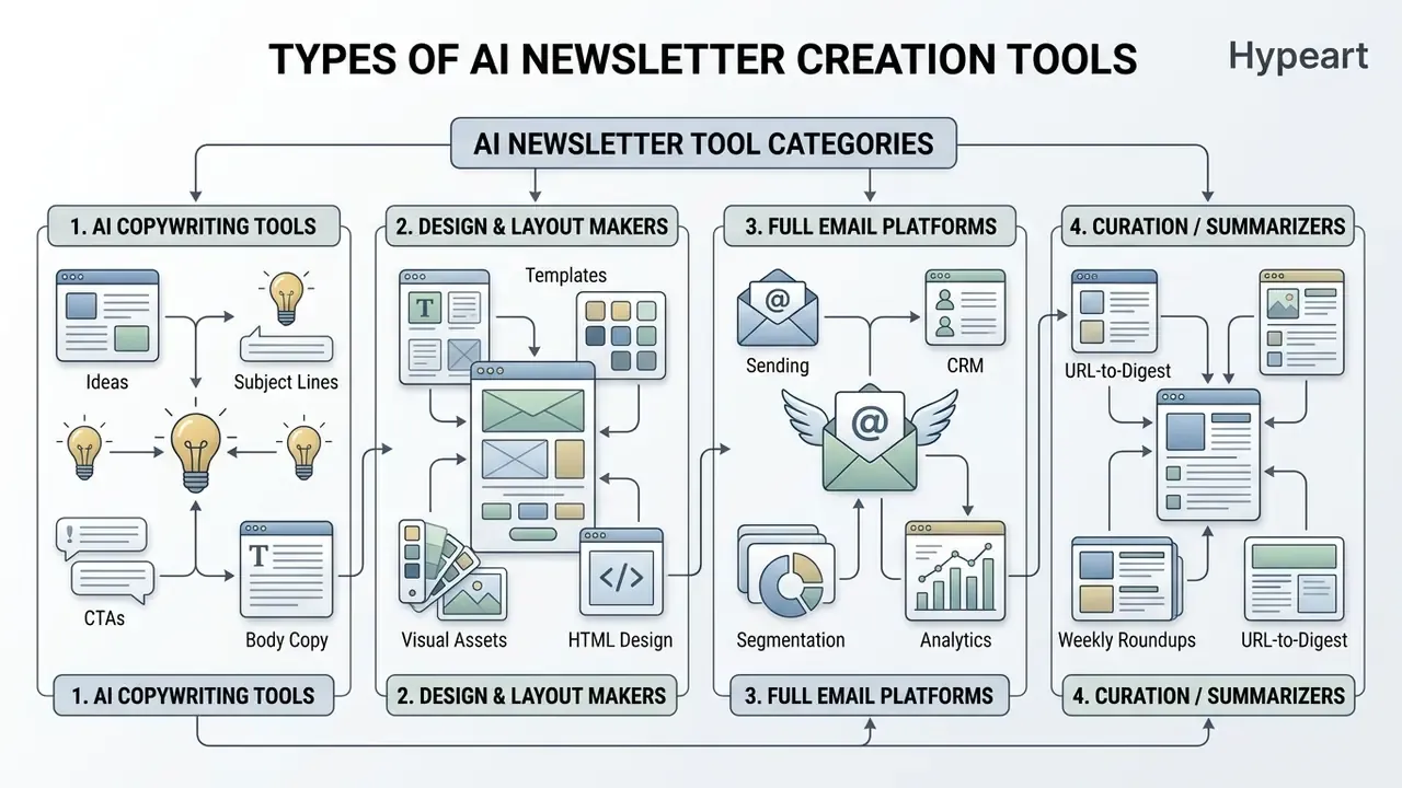 Categorized breakdown of AI newsletter generator tools including copywriting, design, delivery, and curation