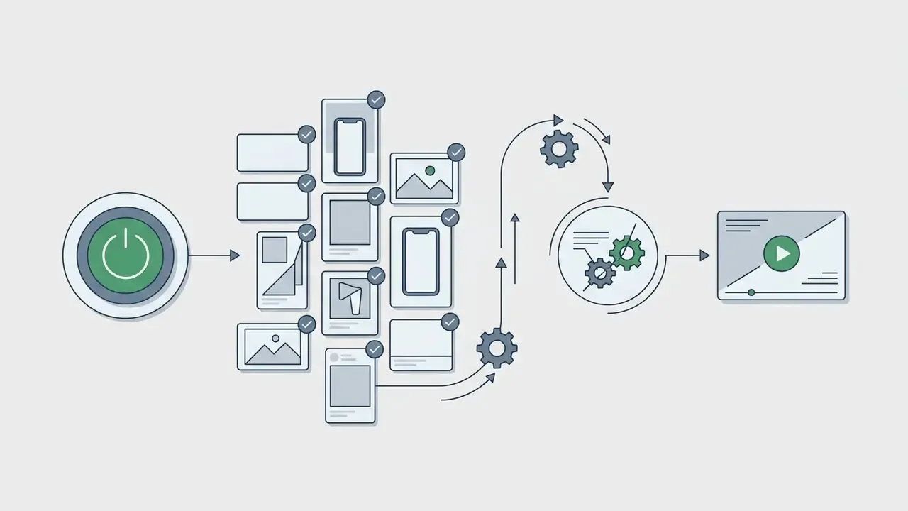 Power button activating a collection of media files that flow through gears to become a video clip