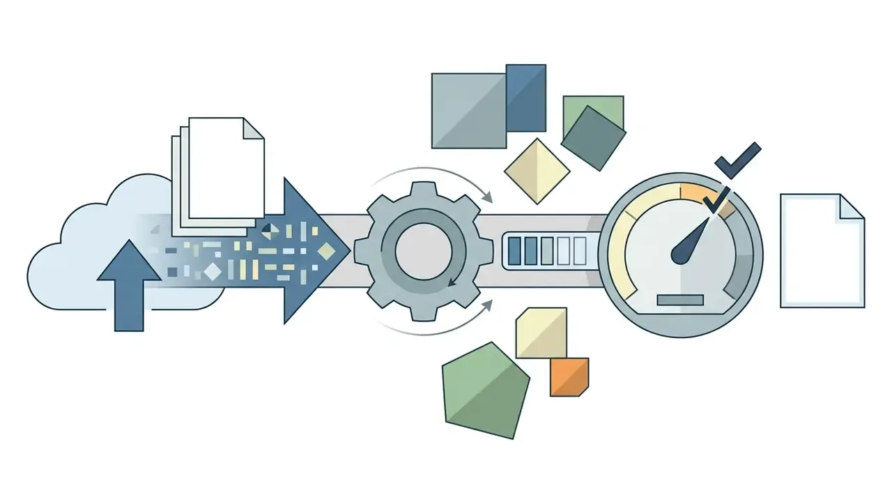 Cloud upload icon sending a document through a gear mechanism and speed gauge for AI face generator processing