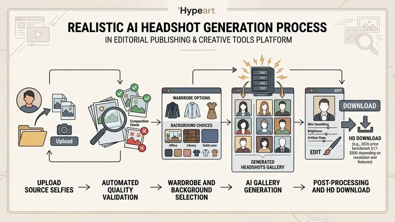 Five stage flowchart illustrating the journey from uploading source images to final high definition download
