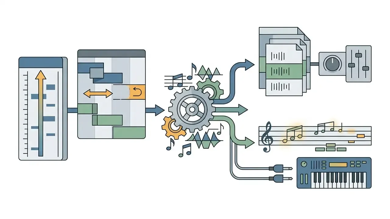 Musical data being processed by gears into audio stems, sheet music, and MIDI controller signals