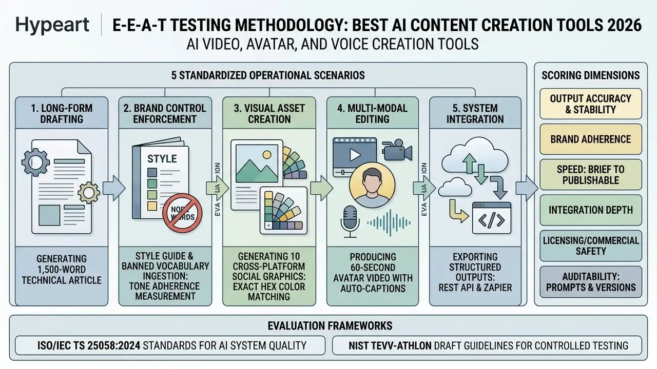 Flowchart outlining five operational scenarios for testing AI content creation tools and scoring dimensions