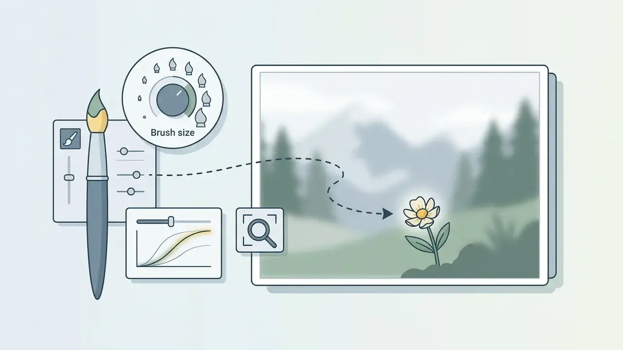 Paintbrush icon with size and softness controls adjusting the focus on a flower in a landscape photo
