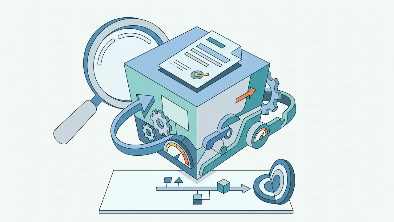 Isometric cube with a document and checkmark icon surrounded by a magnifying glass, gears, and gauges