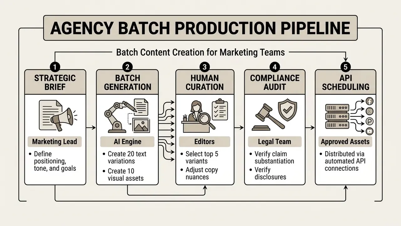 Sequential workflow showing five stages from strategic brief to automated API scheduling of content