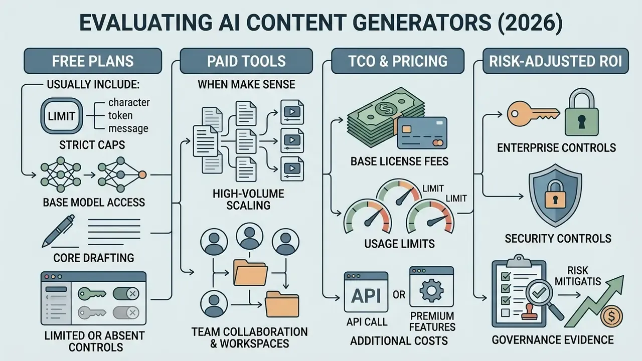 Flowchart comparing free and paid software plans by usage limits, license fees, and enterprise controls