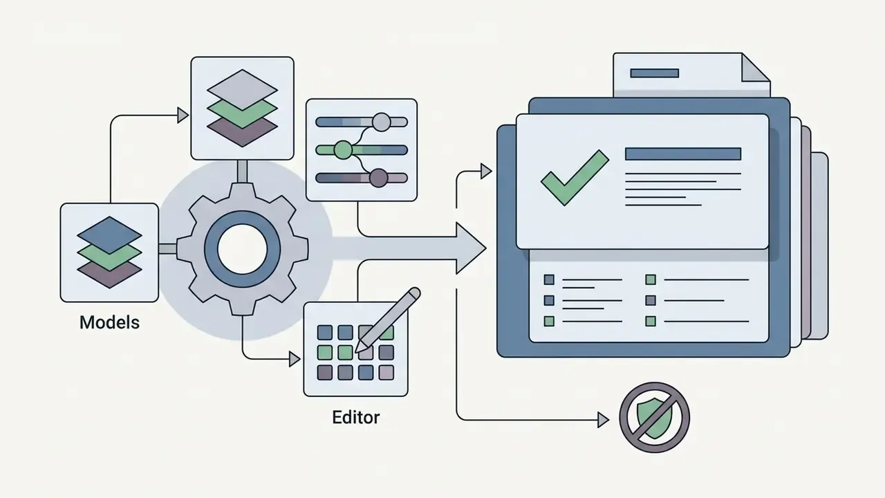 Gear mechanism connecting model and editor tools to a document with checkmarks and a prohibited icon