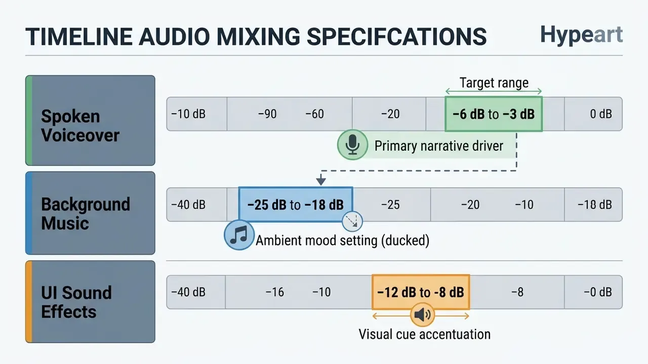 Chart displaying recommended decibel levels for voiceover, background music, and UI sound effects