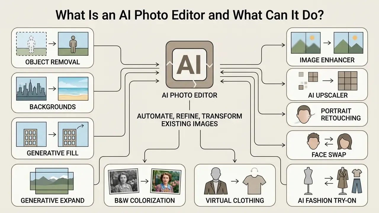 Infographic showing how an AI photo editor automates tasks like object removal, upscaling, and retouching