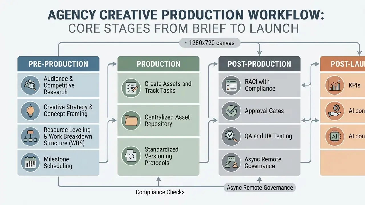 Flowchart mapping project phases from pre-production through to post-launch with key tasks and milestones